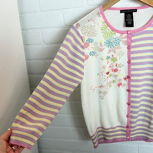 Vintage Knit Sweater Cardigan Dainty Floral Pearls Satin Pastel Stripes M - Picture 4 of 10